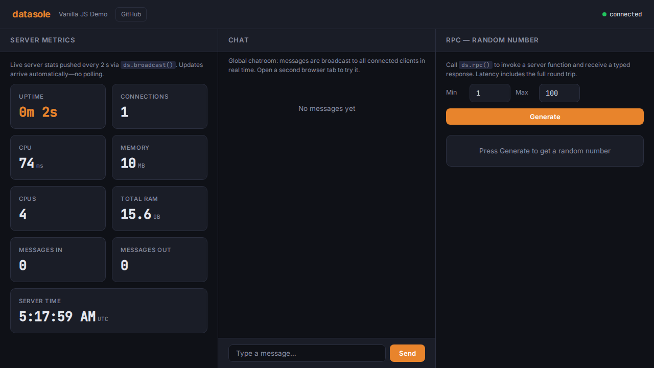 Vanilla demo — connected with live metrics