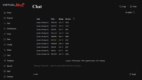 Virtual Me Chat page with a browser task